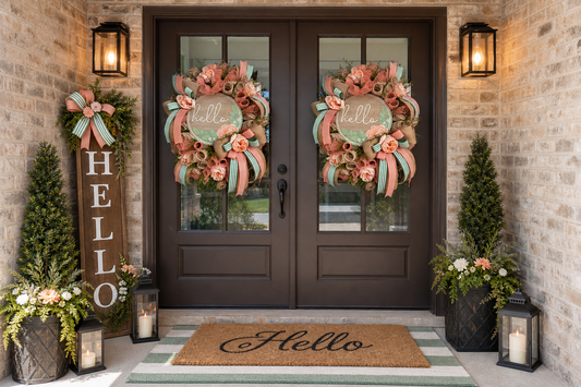 Luxury Peach & Sage Hello Door Wreath | Elegant Spring Summer Front Door Decor | Designer Entryway Wreath