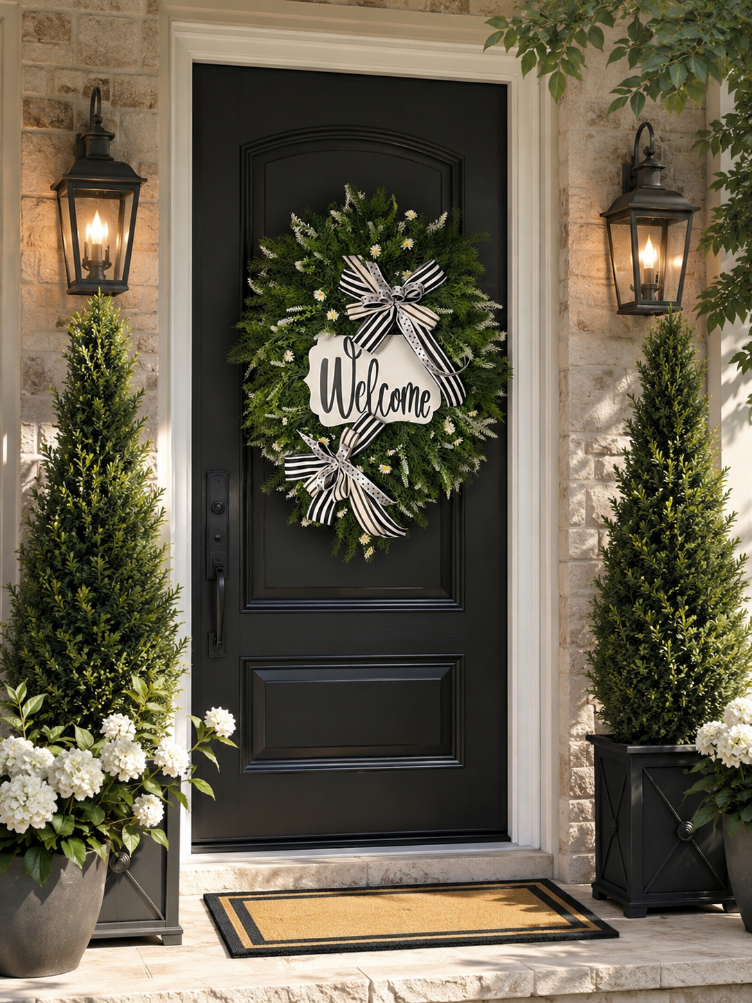 Luxury Black & White Welcome Wreath | Elegant Front Door Greenery Wreath with Layered Designer Bows | Modern Porch Decor by Fuzzy’s World
