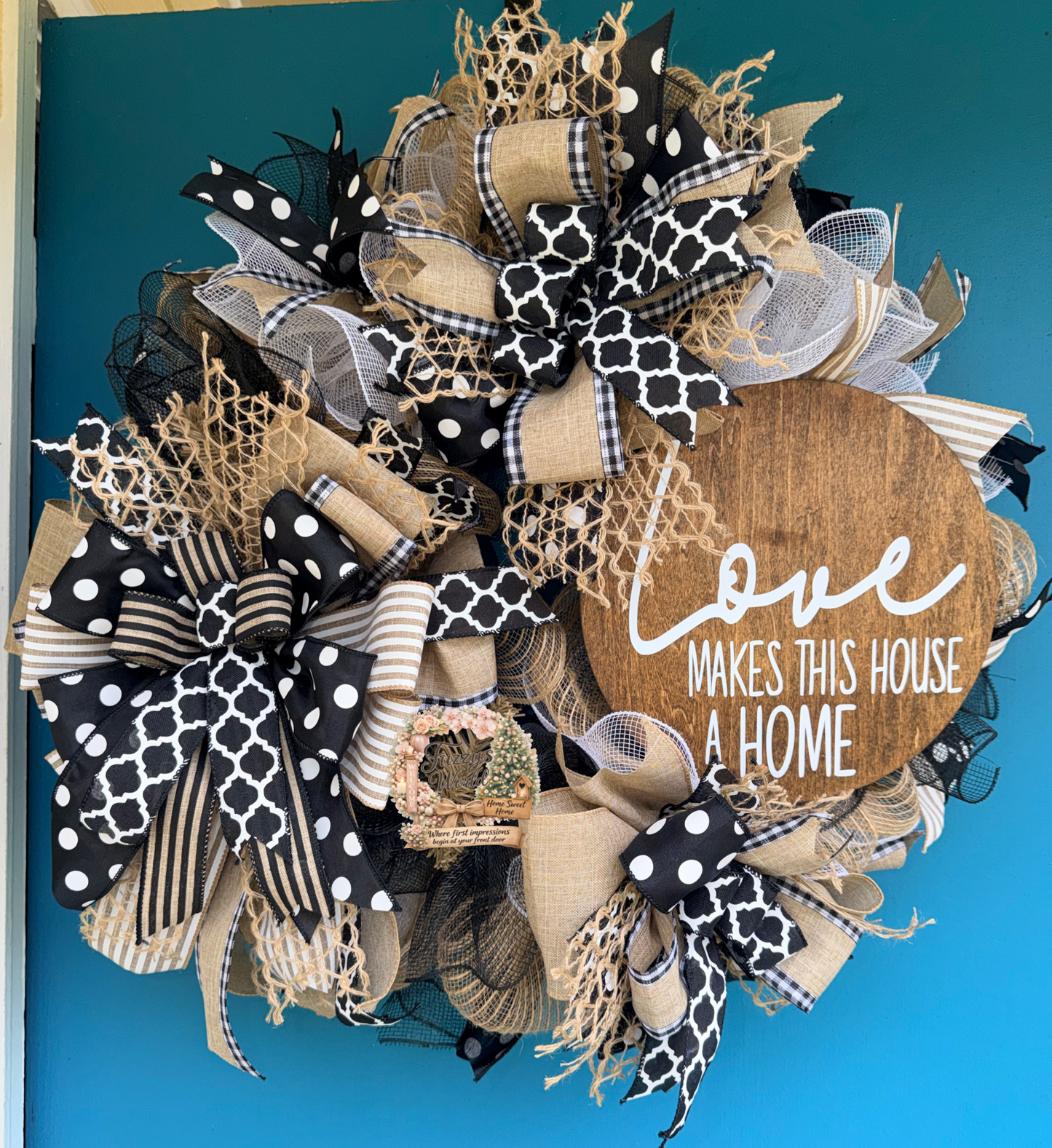Love Makes This House a Home Wreath – Luxury Black, White & Burlap Front Door Wreath