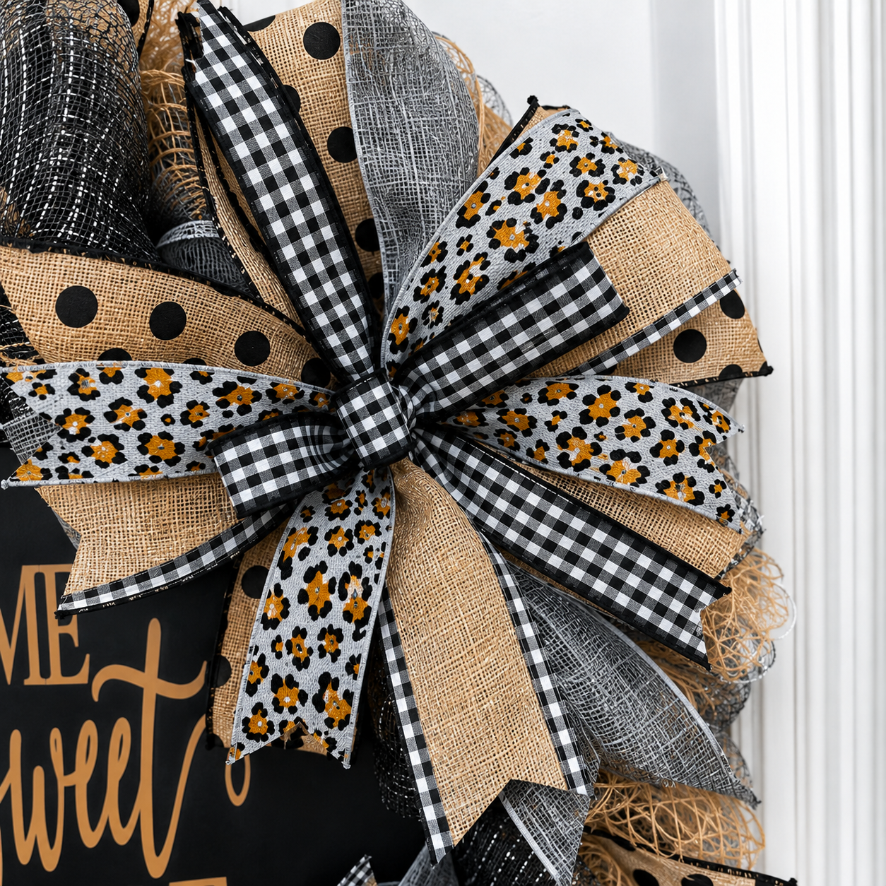 Luxury Home Sweet Home Mesh Wreath | Neutral Black, Gray & Leopard Front Door Wreath | Farmhouse Porch Decor
