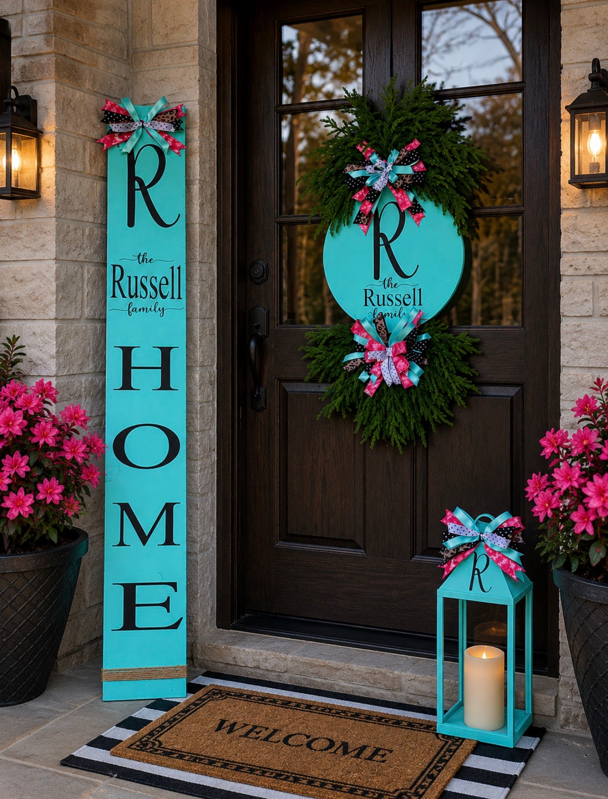 Luxury Front Door Decor Set | Personalized Family Door Hanger, HOME Leaner & Lantern Decor | Custom Porch Decor