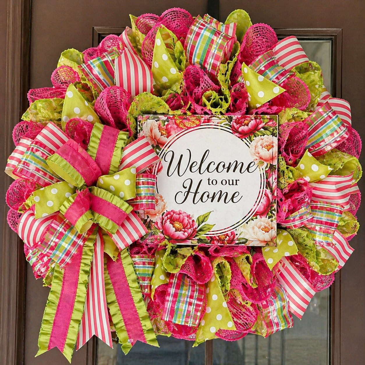 Luxury Pink & Lime Green Wreath – “Welcome to Our Home” Statement Door Wreath | Bold Spring/Summer Front Door Decor | Designer Ribbon Wreath