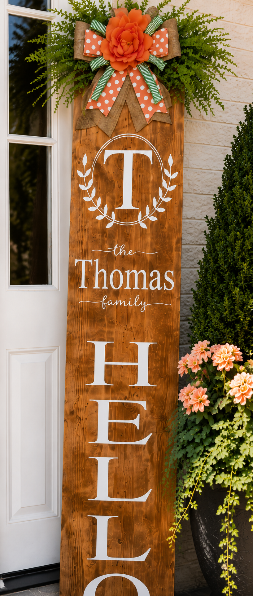 Luxury Coral Hello Wreath & Personalized Door Leaner Set | Custom Front Porch Decor | Fuzzy’s World