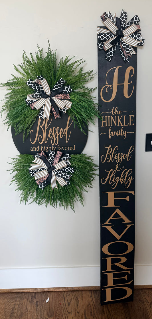 Blessed & Highly Favored Luxury Greenery Wreath | Interchangeable Holiday Bow Front Door Wreath & Door Leaner