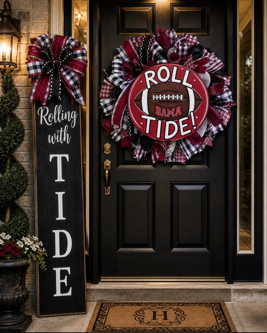 Inspired Roll Tide Football Wreath – Alabama Crimson Tide Door Decor – Luxury Game Day Front Door Wreath – Red Black White Porch Decor