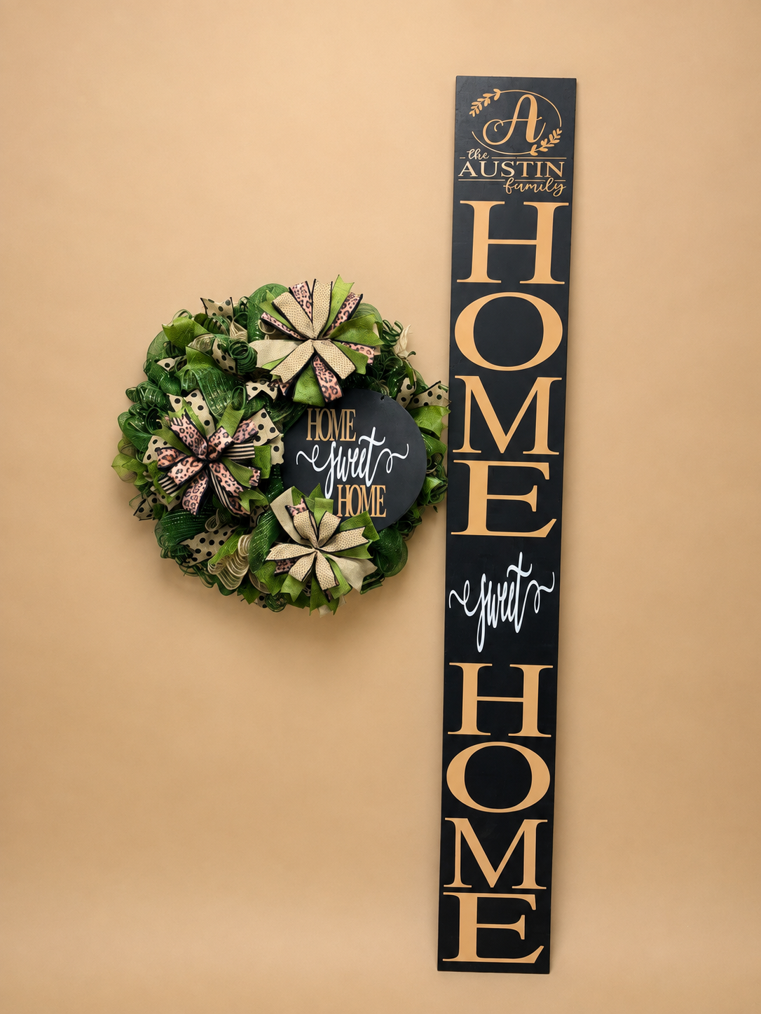 Luxury Personalized Home Sweet Home Wreath & Door Leaner Set | Black, Green & Leopard Front Door Décor