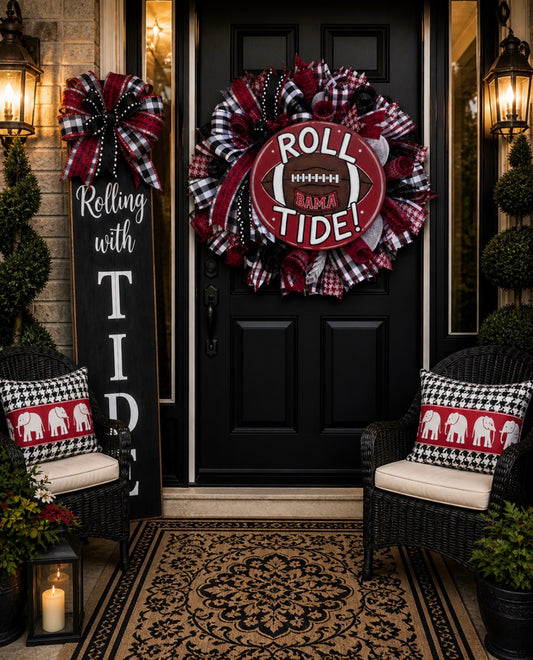 Inspired Roll Tide Football Wreath – Alabama Crimson Tide Door Decor – Luxury Game Day Front Door Wreath – Red Black White Porch Decor