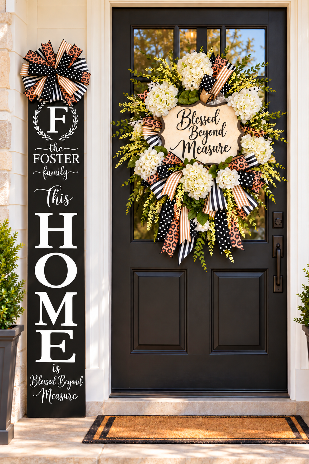 Blessed Beyond Measure Wreath & Personalized HOME Door Leaner Set | Custom Porch Decor