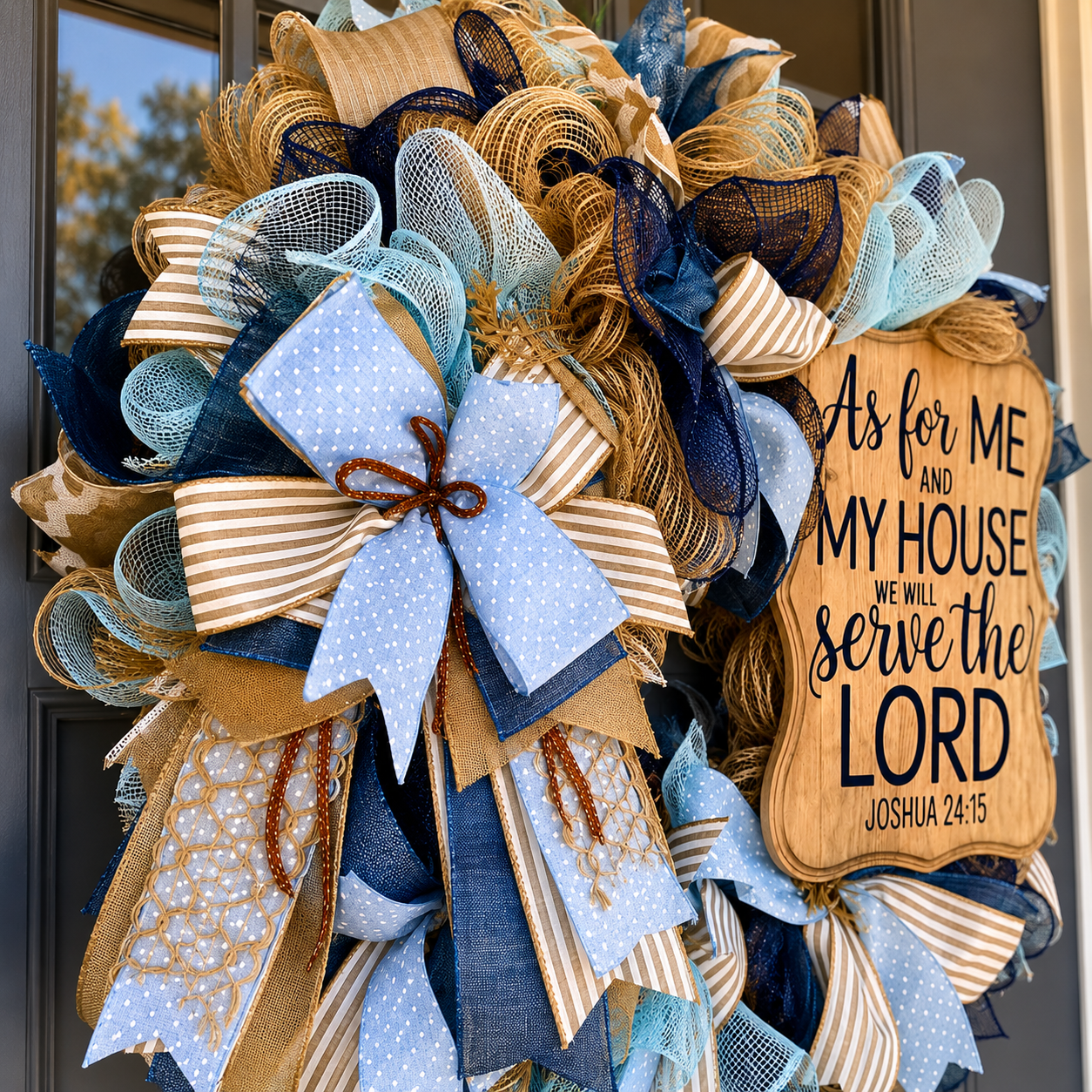 Luxury Blue & Beige Christian Mesh Wreath – “As For Me & My House” Front Door Decor | Fuzzy’s World