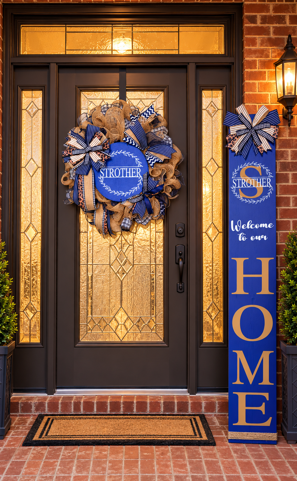 Personalized Blue & Tan Front Porch Set – Wreath & Custom Door leaner