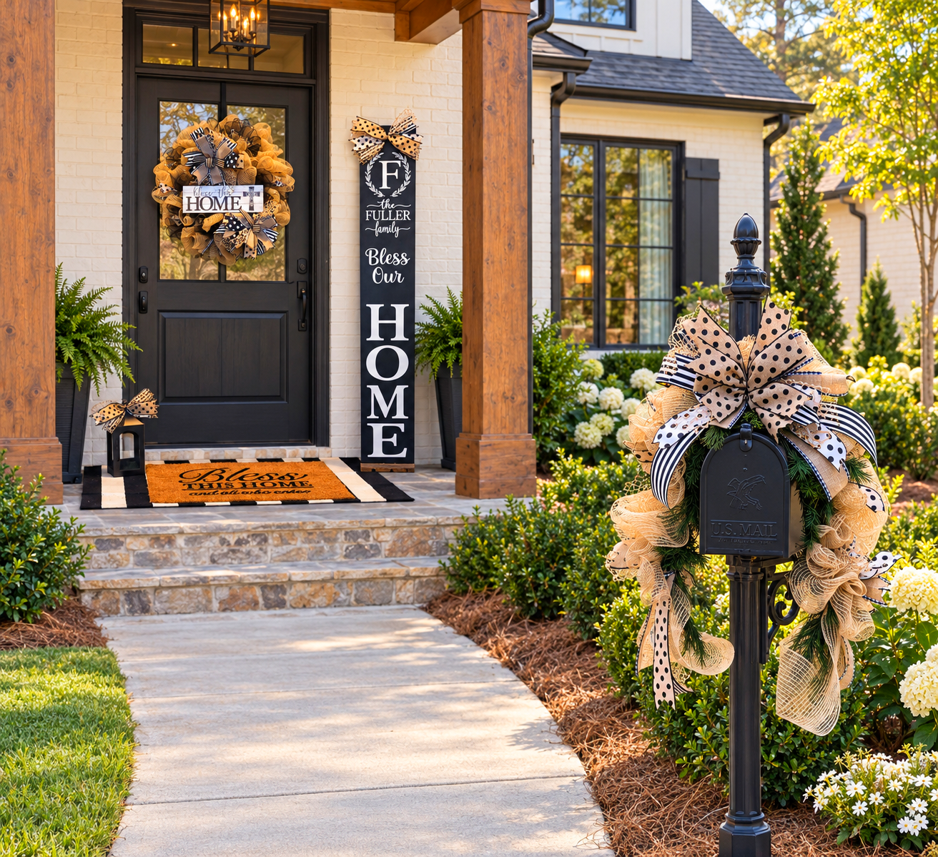 Luxury Personalized Porch Décor Set – Wreath, Door Leaner & Mailbox Swag