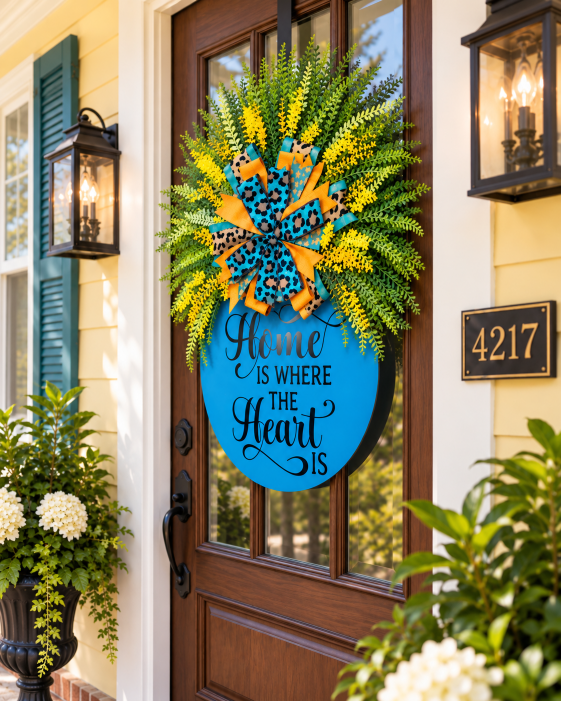 Home Is Where the Heart Is Wreath | Teal, Yellow & Leopard Print Front Door Wreath