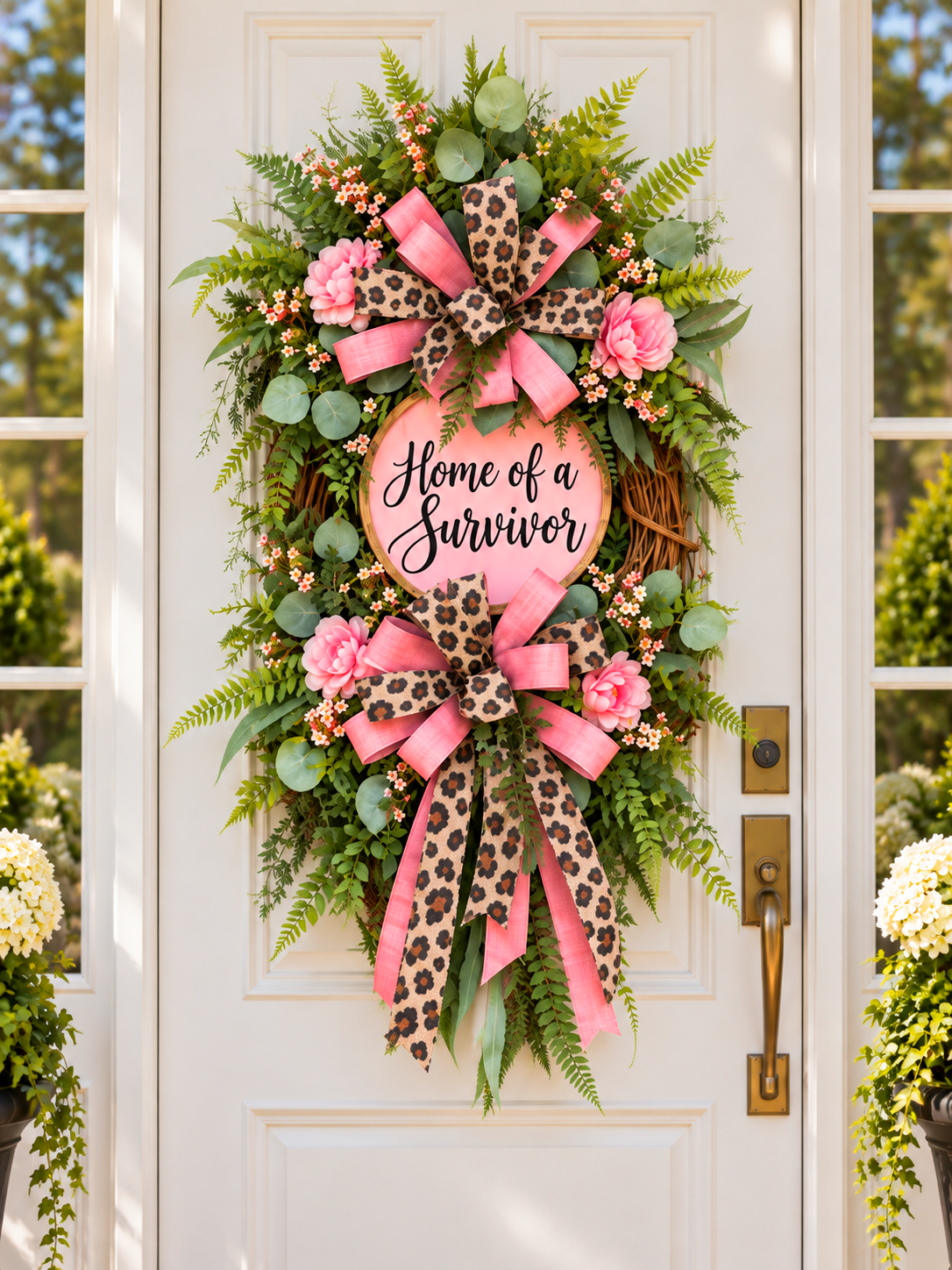 Home of a Survivor™ Pink & Leopard Luxury Wreath | Cancer Survivor Front Door Decor