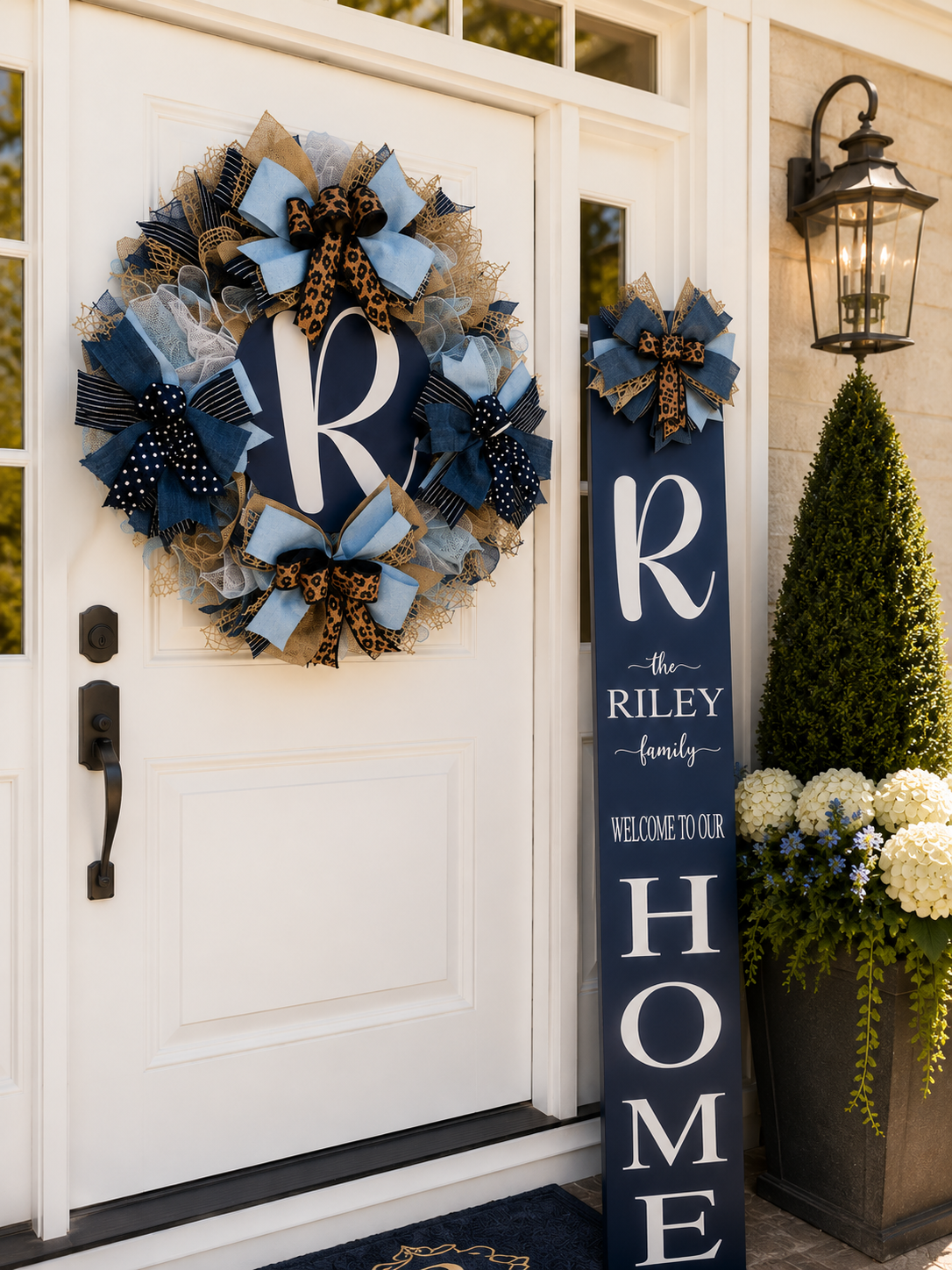 Luxury Navy Blue Monogram Wreath & Personalized Door Leaner Set | Custom Front Porch Decor | Fuzzy’s World
