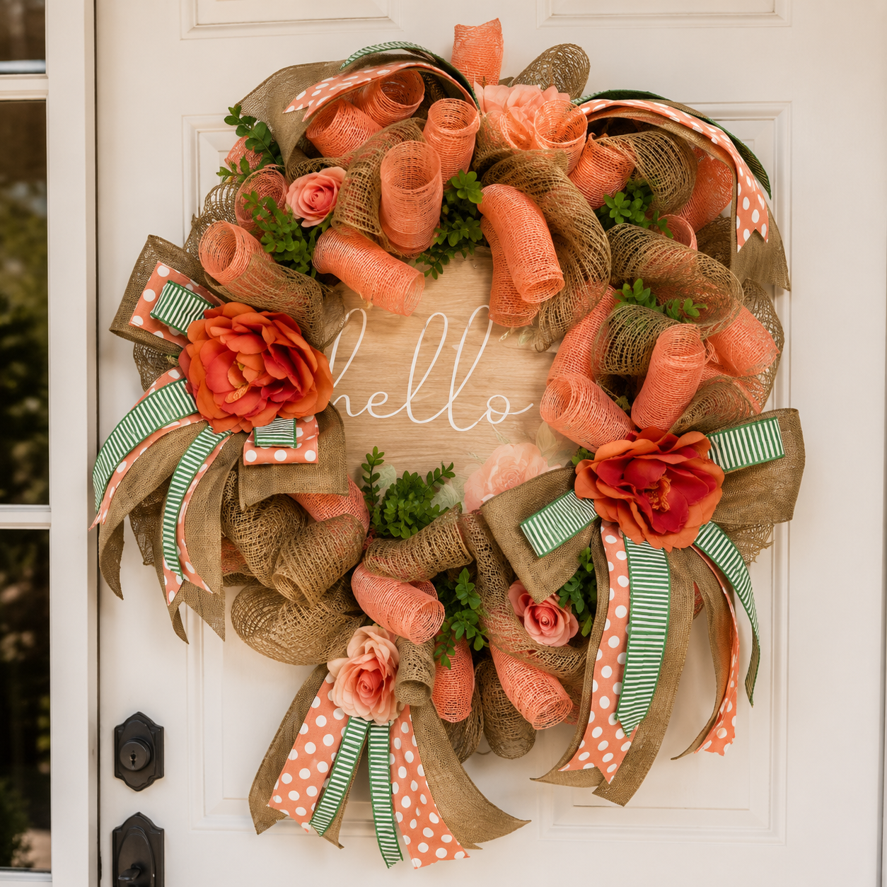 Luxury Coral Hello Wreath & Personalized Door Leaner Set | Custom Front Porch Decor | Fuzzy’s World