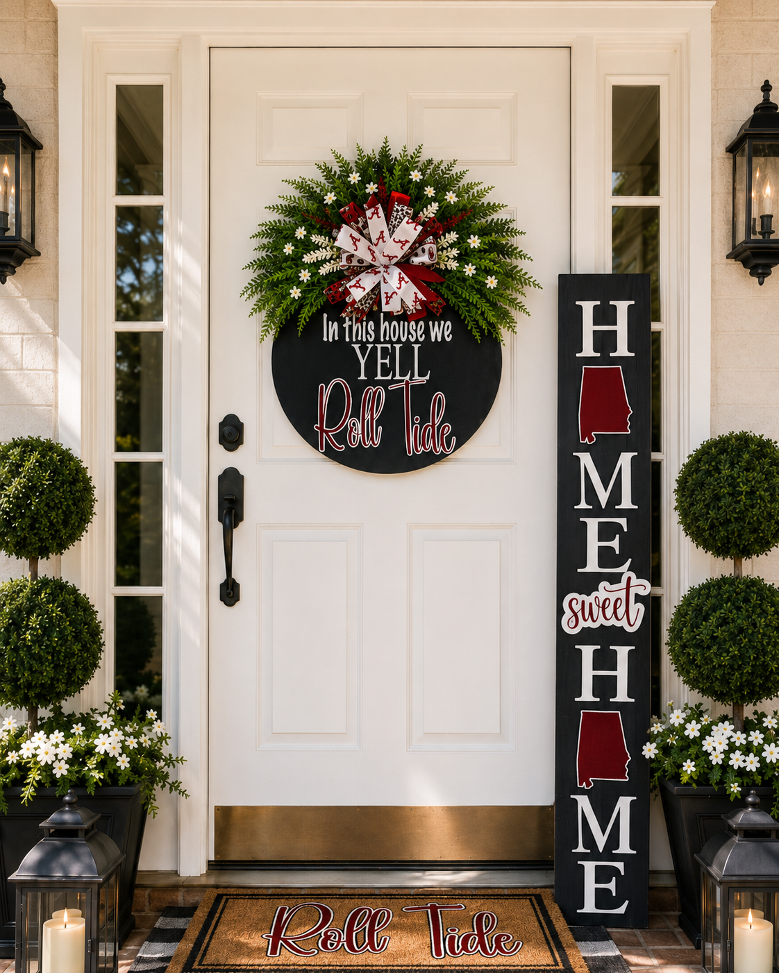 Roll Tide Luxury Porch Décor Set | Alabama-Inspired Wreath & HOME Door Leaner | Crimson Football Front Porch Decor