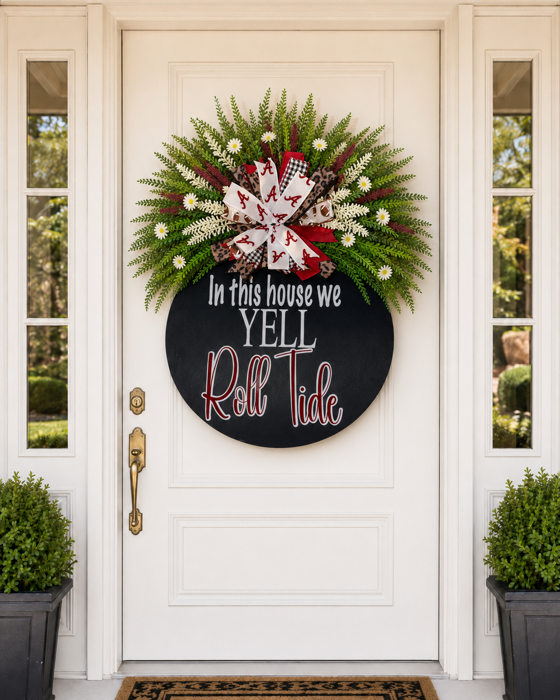 Roll Tide Luxury Front Door Wreath | Alabama Crimson Football Door Hanger | Crimson, Black & White Game Day Décor