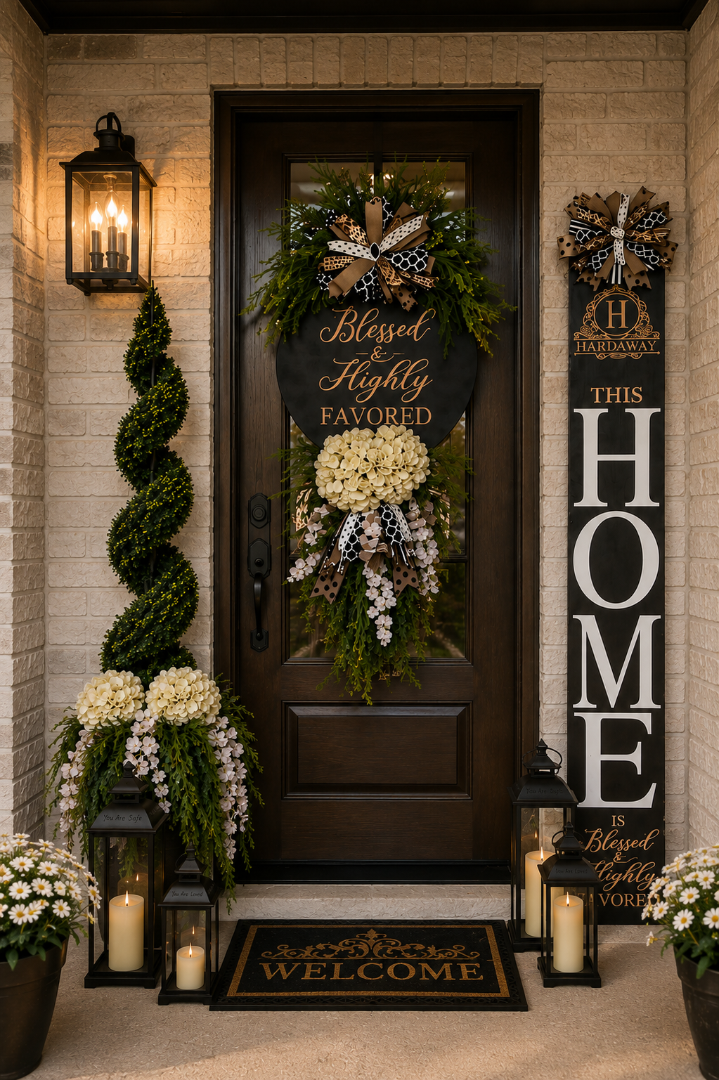Luxury Single Door Porch Makeover Collection | Custom Wreath, Topiary, Lanterns & Personalized Door Leaner | Farmhouse Front Porch Decor