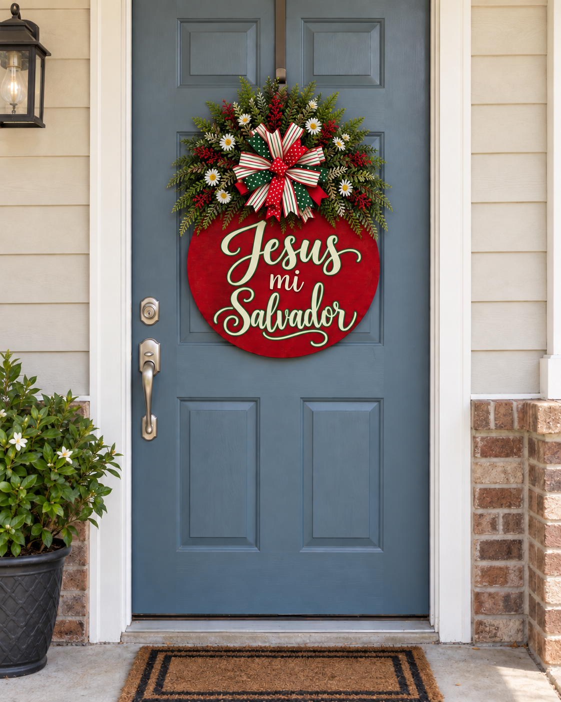 Jesus Mi Salvador Christmas Door Hanger | Red & Green Christian Wreath