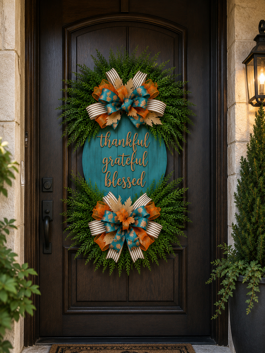 Luxury Fall Door Hanger – Thankful Grateful Blessed Teal & Orange Front Door Wreath | Fuzzy's World