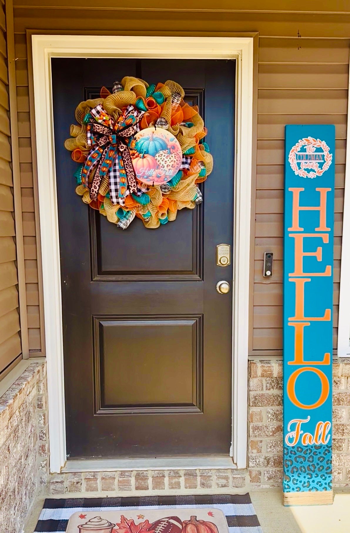 Hello Fall Wreath & Door Leaner Set | Turquoise & Orange Pumpkin Fall Front Door Décor