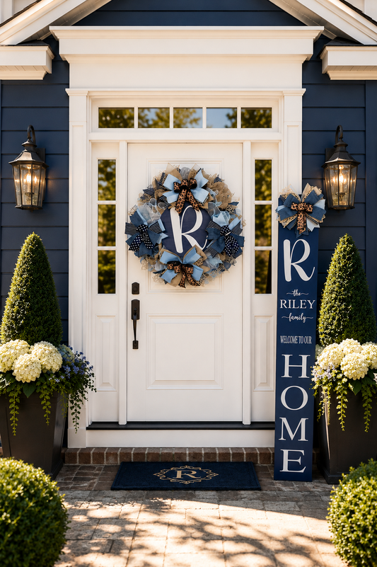 Luxury Navy Blue Monogram Wreath & Personalized Door Leaner Set | Custom Front Porch Decor | Fuzzy’s World