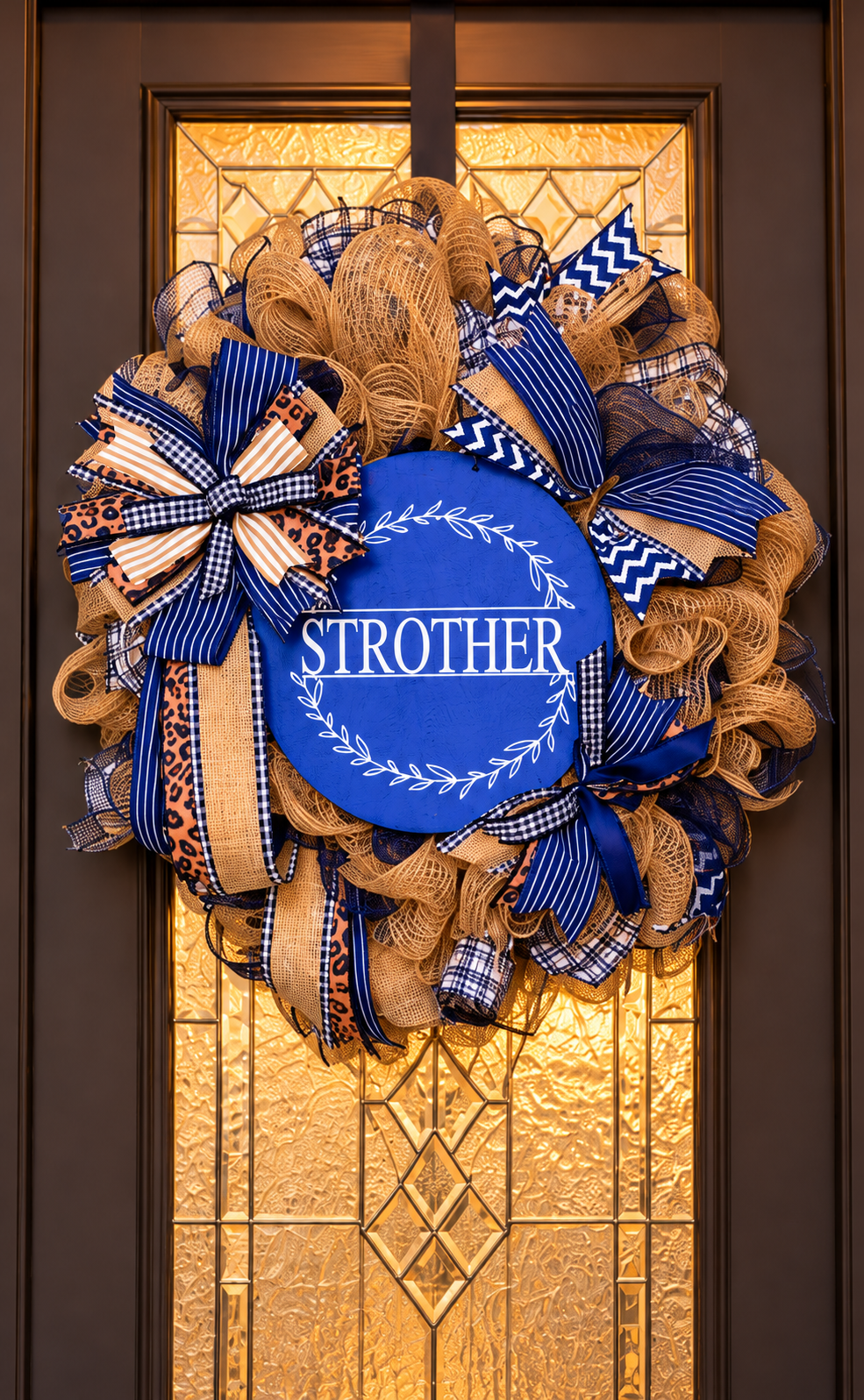 Personalized Blue & Tan Front Porch Set – Wreath & Custom Door leaner