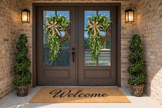 Luxury Spring Swag Wreath for Front Door | Neutral Greenery Teardrop Wreath with Burlap Bow | Farmhouse Porch Decor | Realtor Closing Gift | Year-Round Door Decor