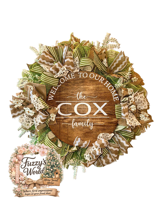Sage & Neutral Luxury Welcome Wreath | Custom Family Name Door Wreath | Front Door Statement Decor