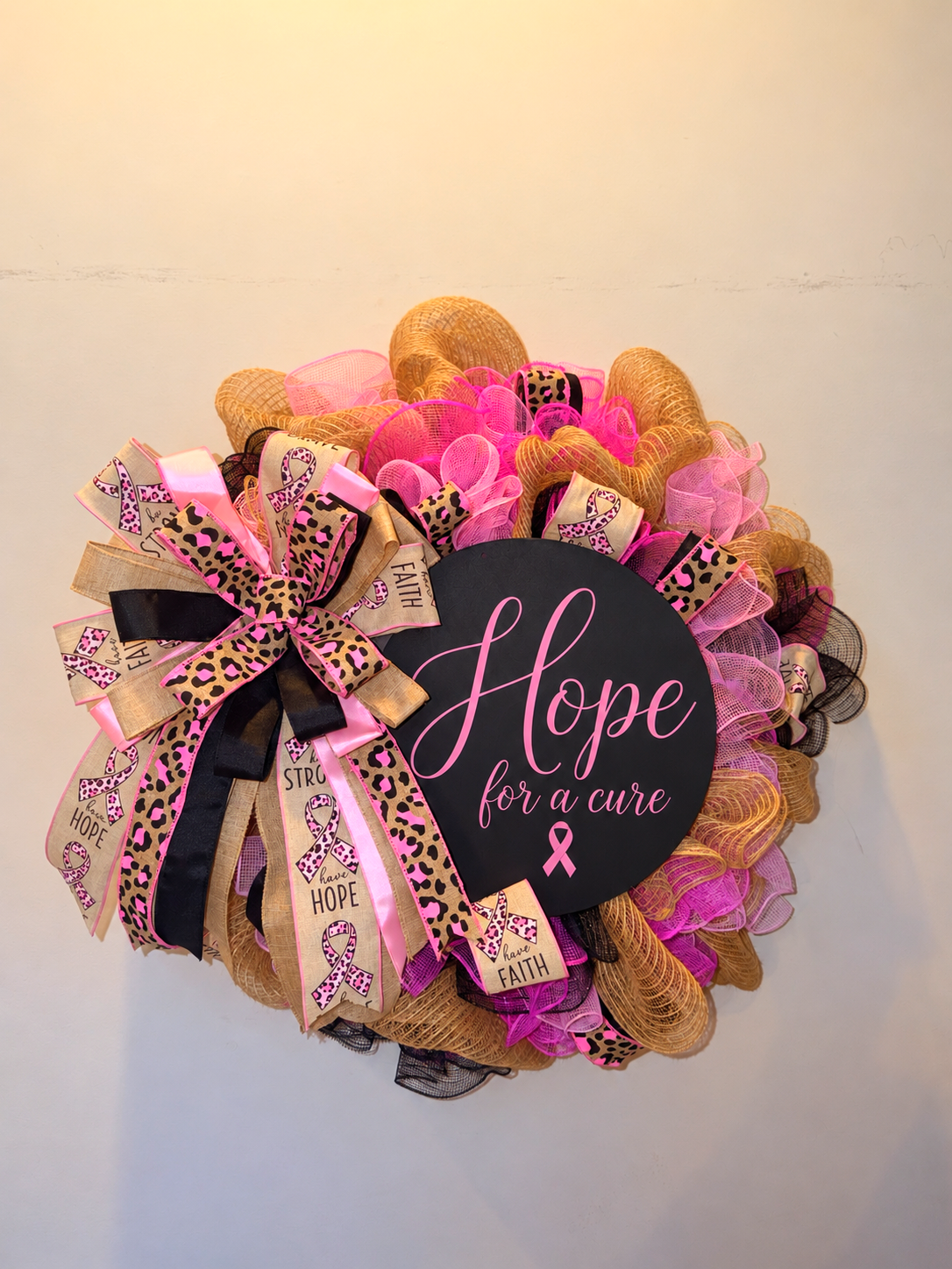 Hope For A Cure Breast Cancer Awareness Mesh Wreath | Pink Leopard Front Door Wreath | Support Ribbon Wreath | Luxury Awareness Decor