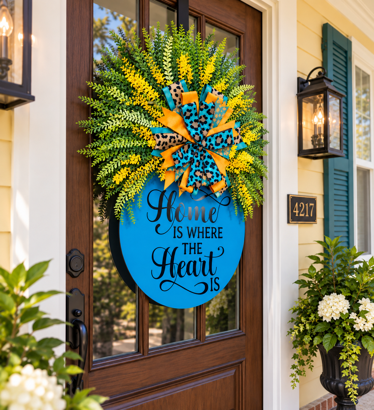 Home Is Where the Heart Is Wreath | Teal, Yellow & Leopard Print Front Door Wreath