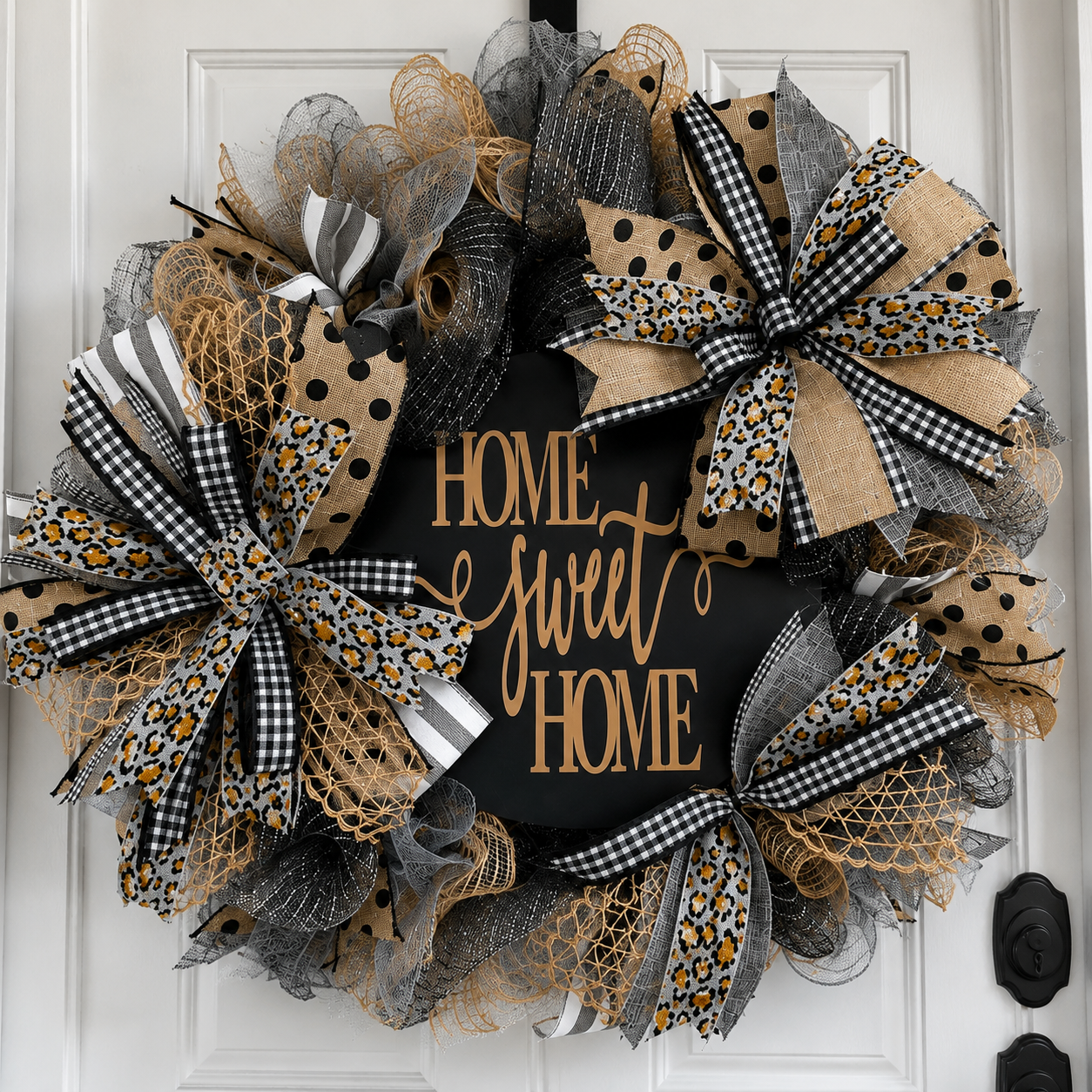 Luxury Home Sweet Home Mesh Wreath | Neutral Black, Gray & Leopard Front Door Wreath | Farmhouse Porch Decor