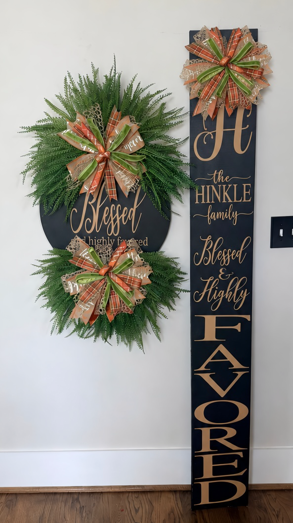 Blessed & Highly Favored Luxury Greenery Wreath | Interchangeable Holiday Bow Front Door Wreath | Black, Tan & Leopard Home Décor