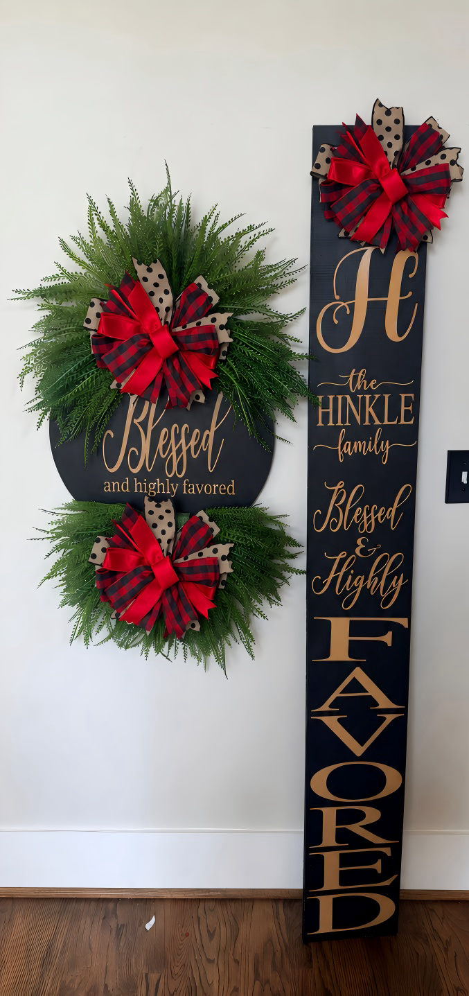 Blessed & Highly Favored Luxury Greenery Wreath | Interchangeable Holiday Bow Front Door Wreath | Black, Tan & Leopard Home Décor