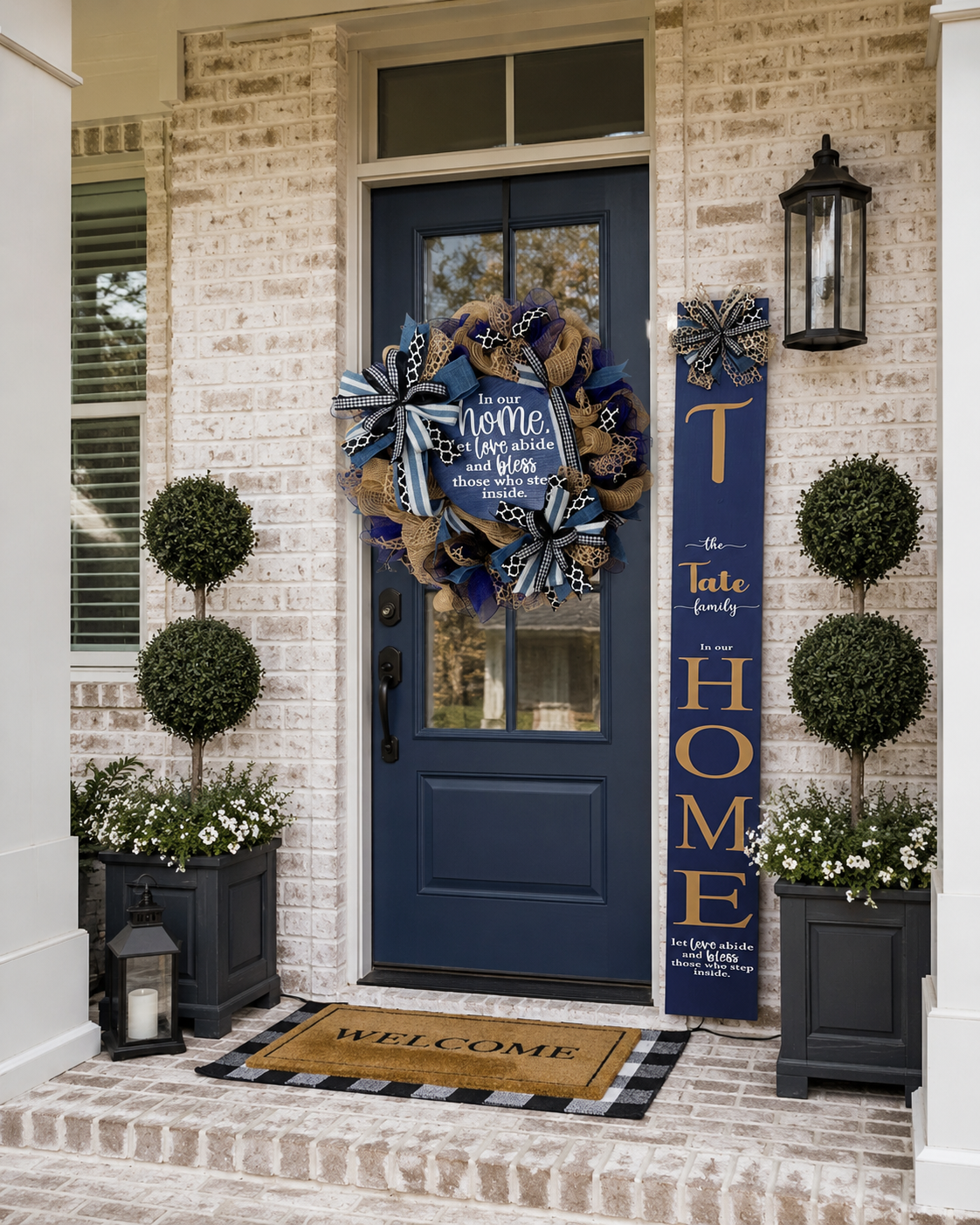 Luxury Navy Blue & Natural Deco Mesh Wreath | Handmade Front Door Wreath | Elegant Everyday Porch Decor (WREATH ONLY)