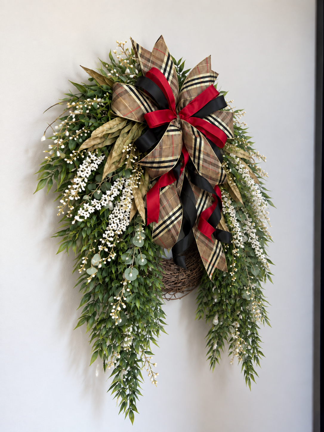 The Luxe Plaid Cascade Wreath | Red, Black & Designer Plaid Front Door Wreath