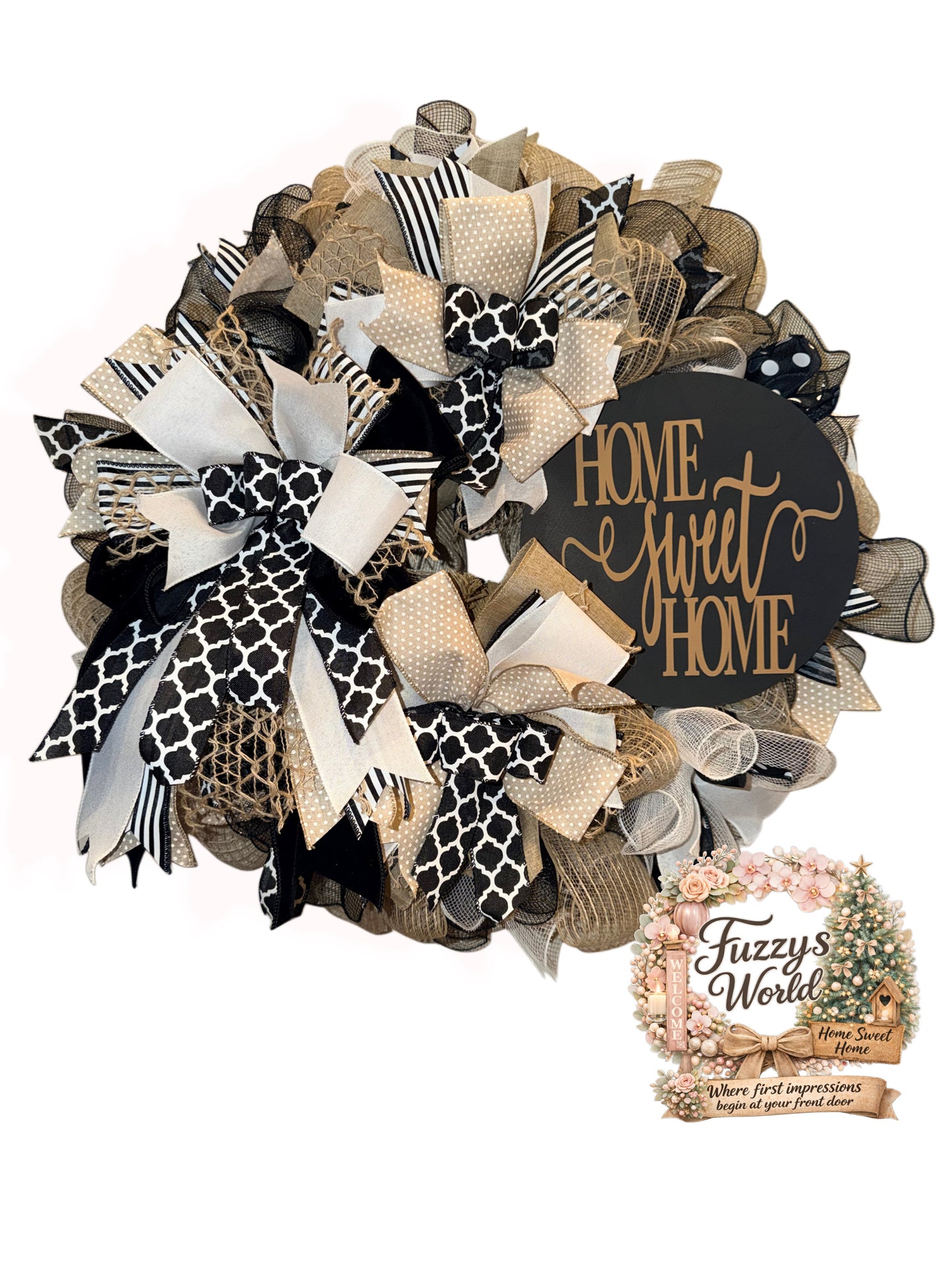 Luxury Black, Tan & Cream Home Sweet Home Wreath | Modern Front Door Decor | Fuzzy’s World