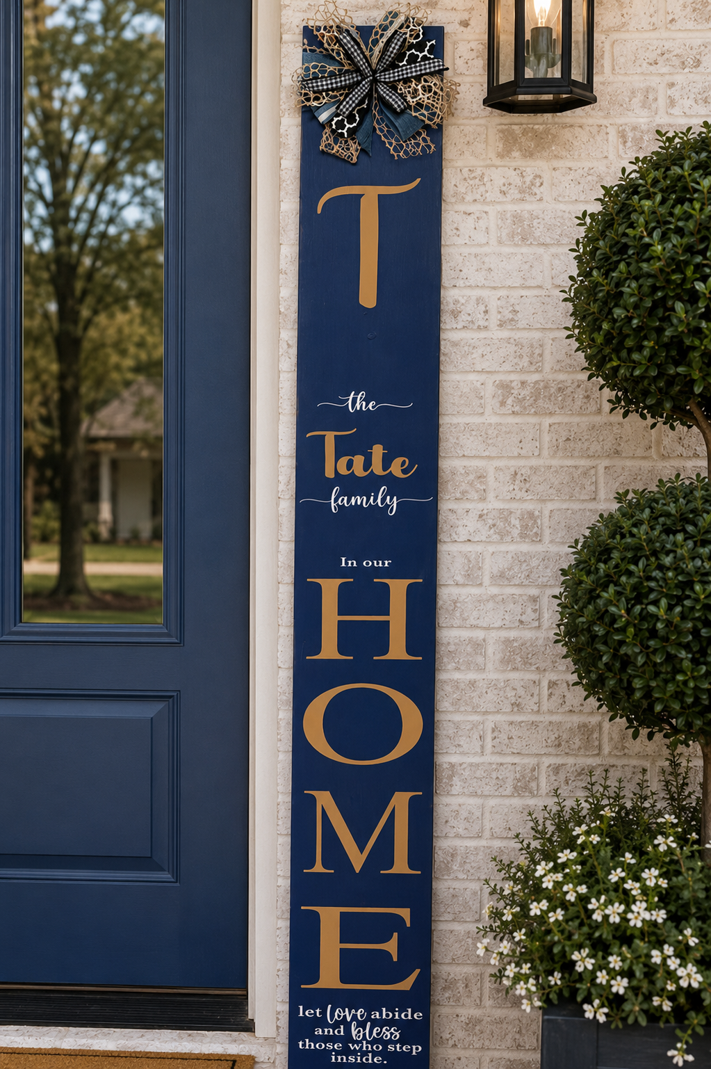 Luxury Navy Blue Front Door Decor Set | Handmade Wreath & Personalized Door Leaner | Elegant Porch Decor