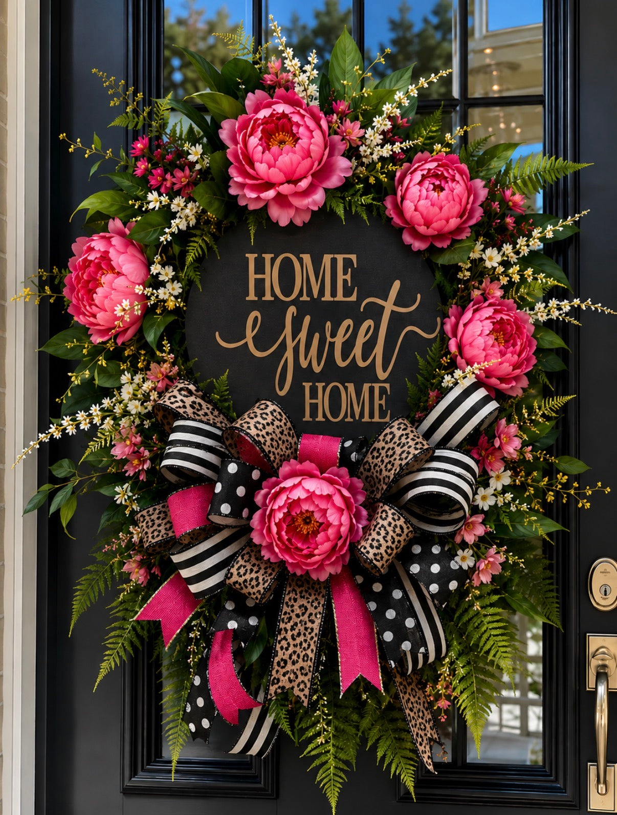 Luxury Pink Peony Home Sweet Home Wreath | Black & White Stripe, Leopard & Polka Dot Front Door Decor