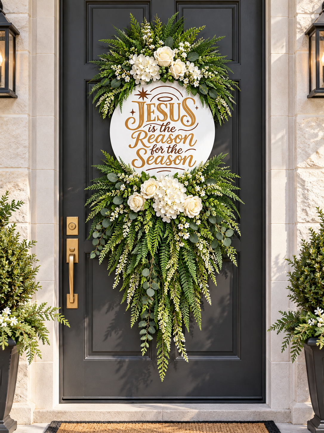 Jesus Is the Reason for the Season Wreath | Luxury White Floral Christmas Door Hanger