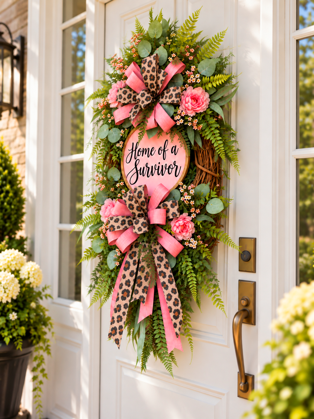 Home of a Survivor™ Pink & Leopard Luxury Wreath | Cancer Survivor Front Door Decor