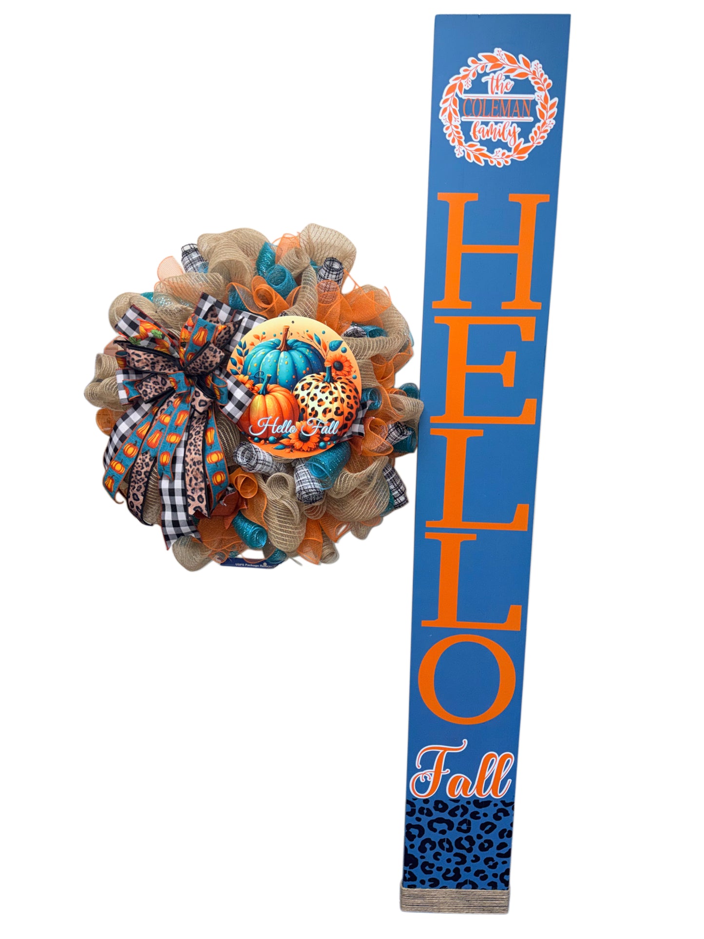 Hello Fall Wreath & Door Leaner Set | Turquoise & Orange Pumpkin Fall Front Door Décor
