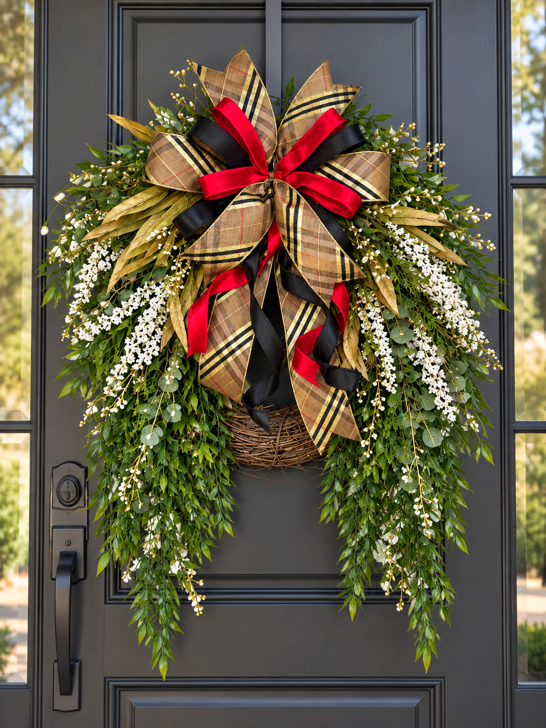 The Luxe Plaid Cascade Wreath | Red, Black & Designer Plaid Front Door Wreath