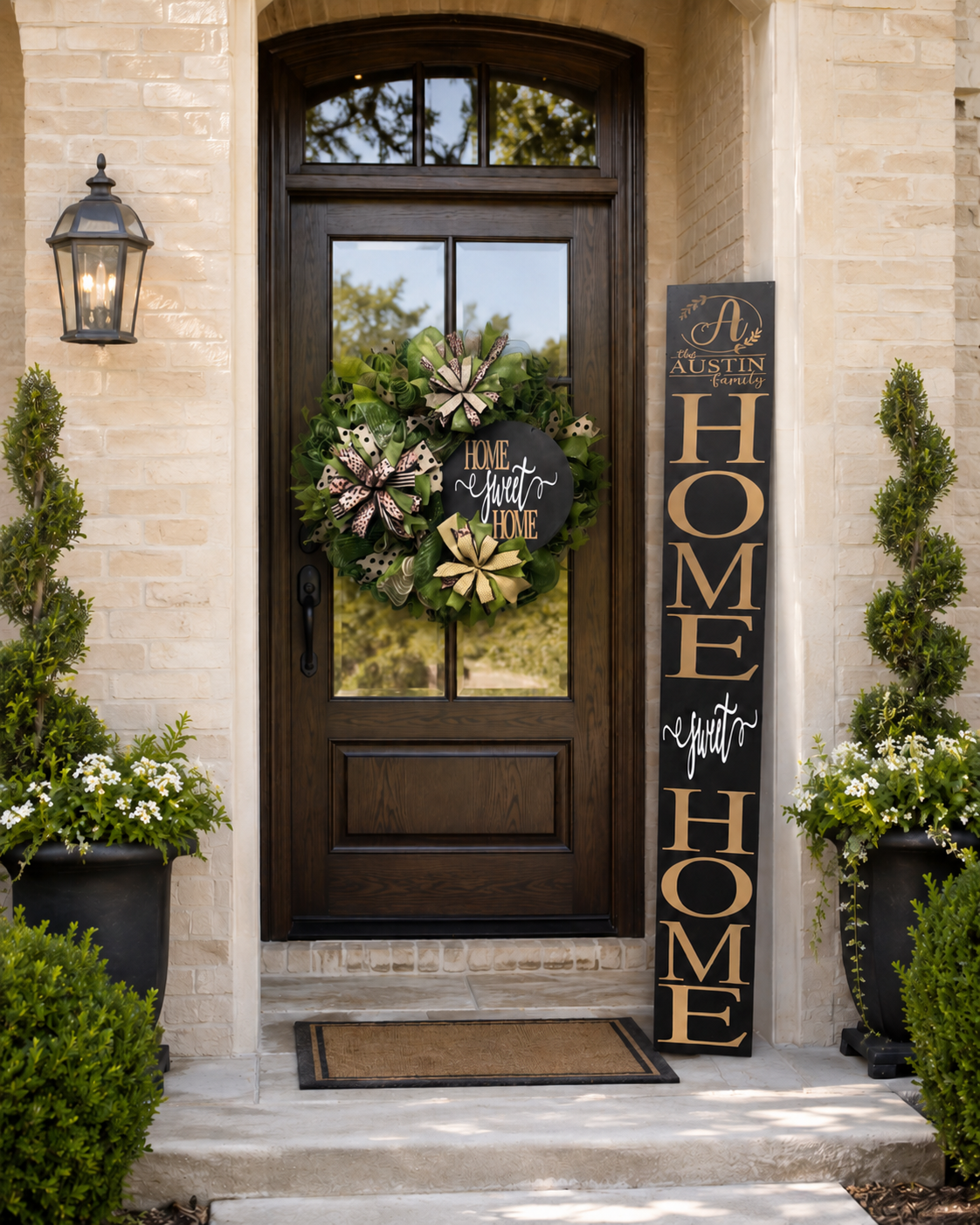 Luxury Personalized Home Sweet Home Wreath & Door Leaner Set | Black, Green & Leopard Front Door Décor