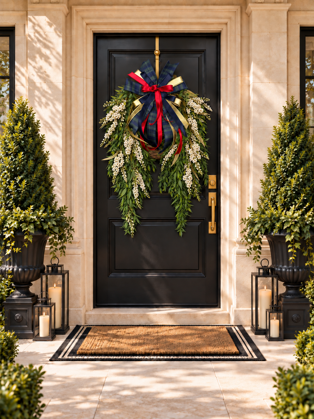 Luxury Navy Plaid Front Door Wreath with White Flowers & Cascading Greenery