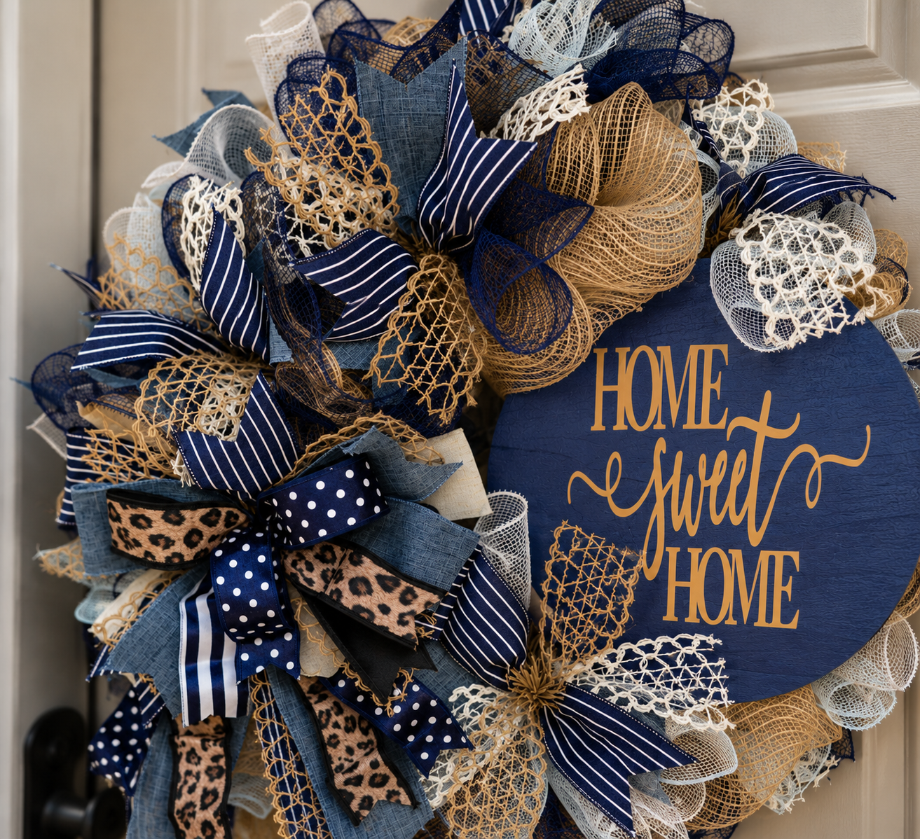 Luxury Navy Blue Home Sweet Home Mesh Wreath | Leopard Ribbon Front Door Wreath | Fuzzy’s World