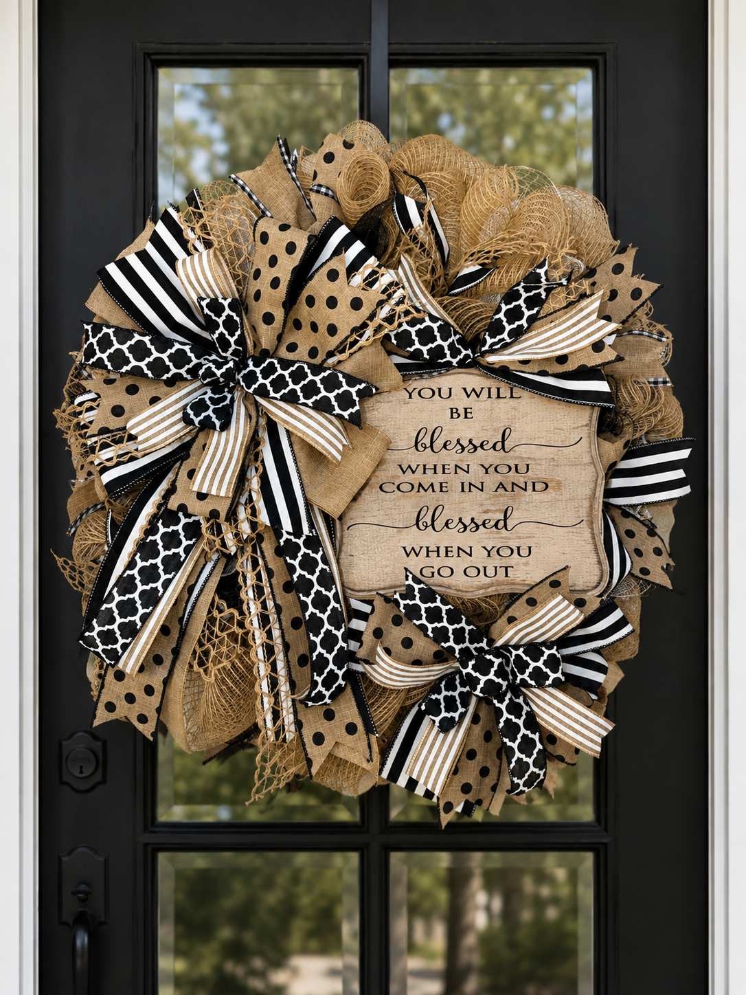 Rustic Blessed Burlap Mesh Wreath | Luxury Black & Tan Front Door Wreath | Farmhouse Porch Decor