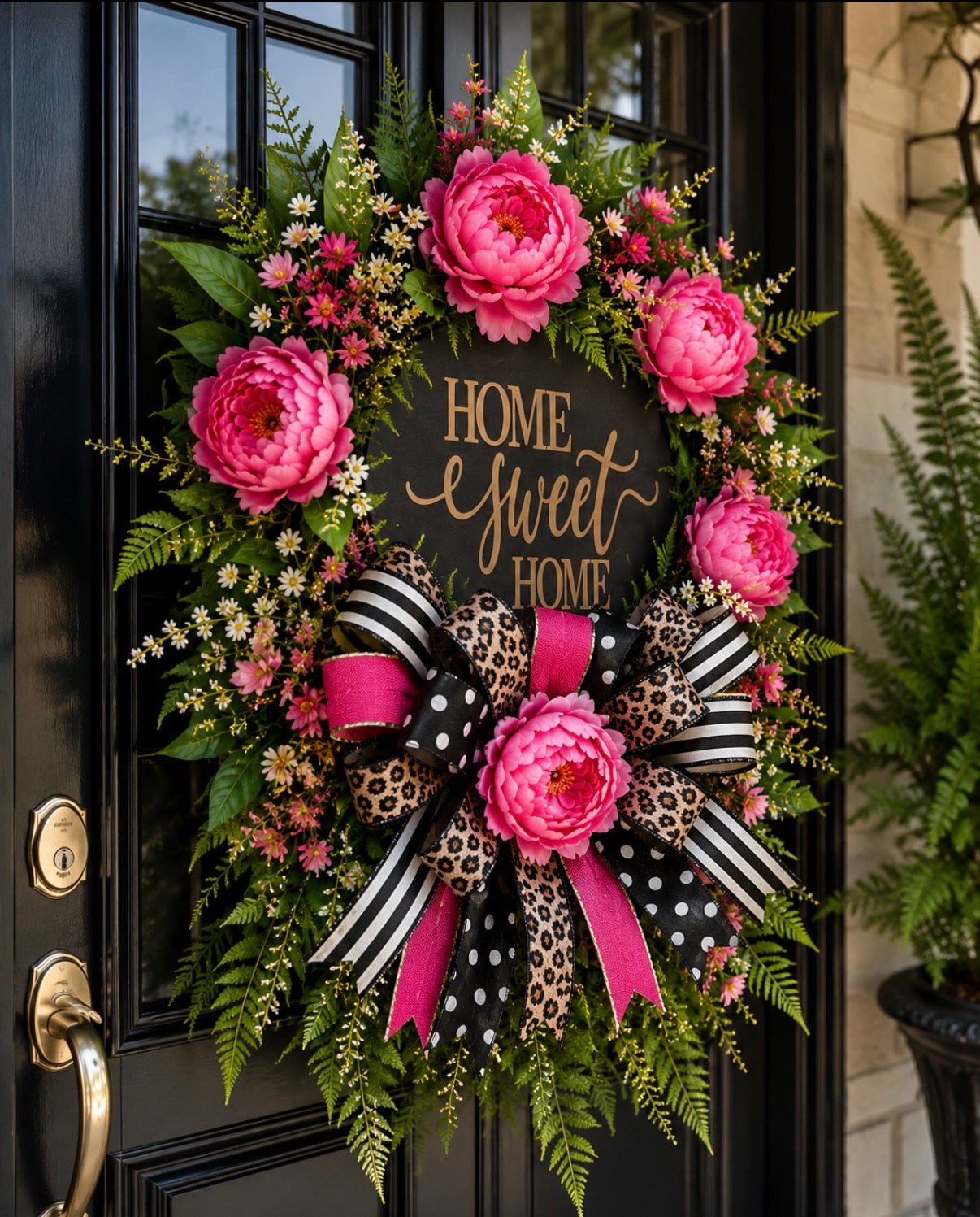 Luxury Pink Peony Home Sweet Home Wreath | Black & White Stripe, Leopard & Polka Dot Front Door Decor