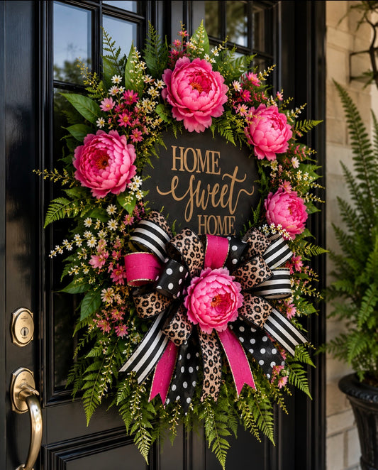 Luxury Pink Peony Home Sweet Home Wreath | Black & White Stripe, Leopard & Polka Dot Front Door Decor