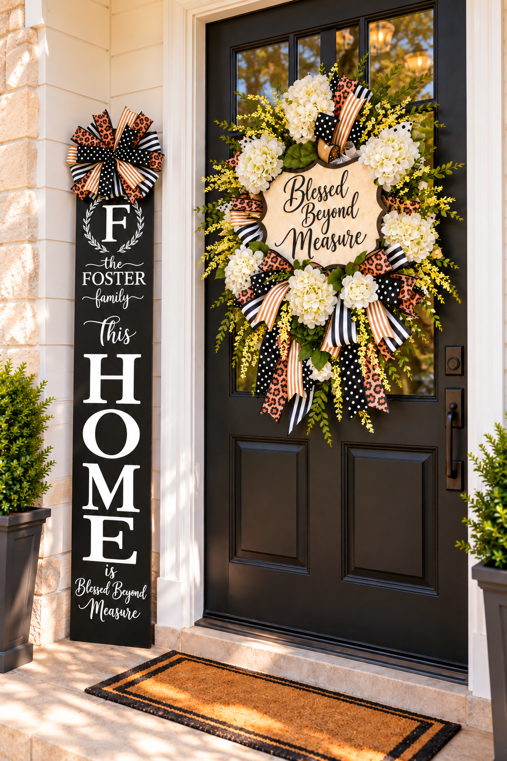 Blessed Beyond Measure Wreath & Personalized HOME Door Leaner Set | Custom Porch Decor